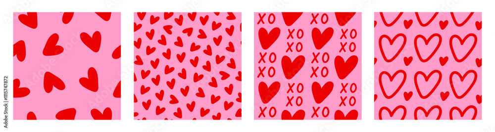 Poster set cute seamless patterns with red hearts on a pink background. vector romantic print for wallpaper