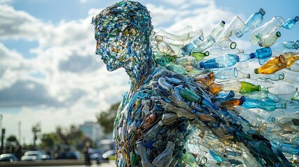 Human figure crafted from crushed plastic bottles showcases environmental awareness in urban setting