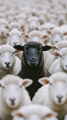 A solitary black sheep captures attention while surrounded by numerous white sheep in a lush, green landscape, highlighting its striking contrast