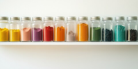 row of colorful spice jars neatly organized on a white kitchen shelf