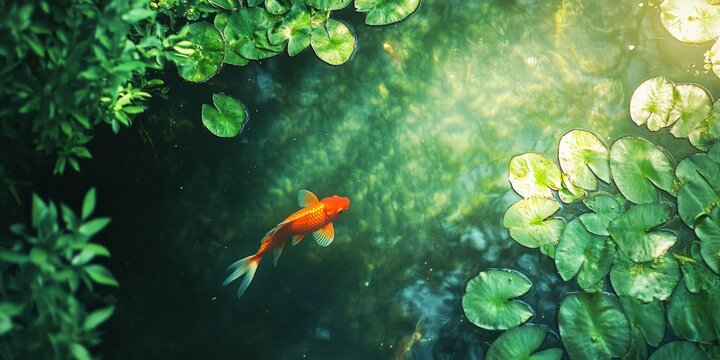 Goldfish swimming in a serene pond surrounded by green lily pads bright natural sunlight reflecting off the water vibrant colors nature-inspired composition