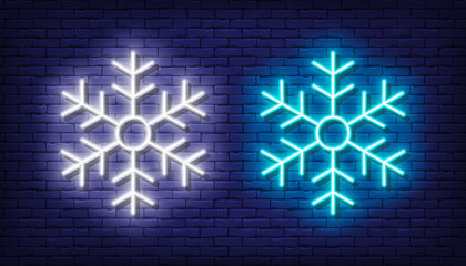 Two white and blue bright colorful neon snowflakes