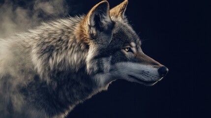 Fototapeta premium a gray wolf with piercing eyes, positioned in profile as it howls into the night. The backdrop is an inky black, accentuating the wolf's textured