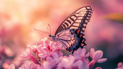 Naklejka premium a butterfly resting on a blooming pink flower. The butterfly's wings are spread wide, showcasing intricate patterns and colors that shimmer in the sunlight.