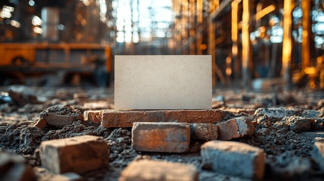 Blank business card mockup on construction bricks with scaffolding and building materials. Generative AI