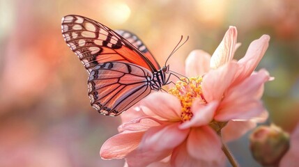 Obraz premium a butterfly resting on a blooming pink flower. The butterfly's wings are spread wide, showcasing intricate patterns and colors that shimmer in the sunlight.