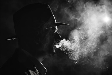 Naklejka premium Generative AI Image of Retro Gangster Smoking in Dramatic Low-Light Silhouette
