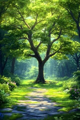 Obraz premium Sunlit path through lush forest, leading to a majestic tree.