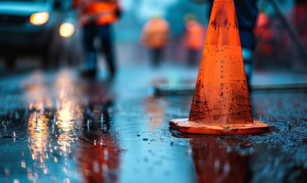 Zona de emergencia en la carretera controlada con personal de servicio bajo la lluvia.