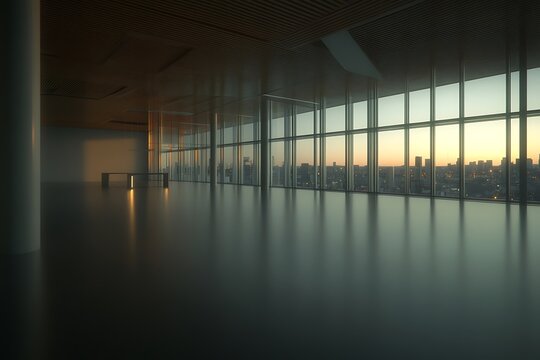 Empty modern office sunset city view