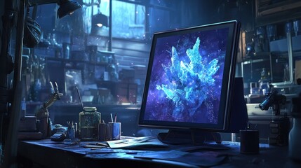 Naklejka premium A computer screen displays a glowing blue crystal with a starry background, sitting on a cluttered desk in a dimly lit room.