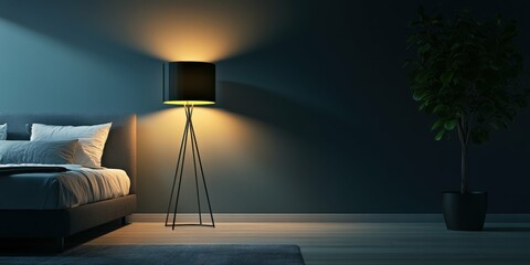 sleek modern lamp glowing softly in a dark minimalist bedroom