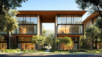 Fototapeta premium Modern Family Home with Large Windows and Greenery