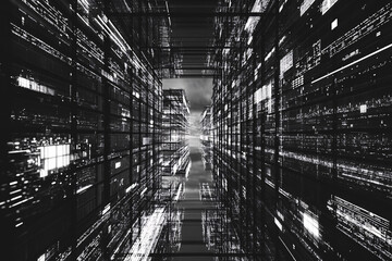 Fototapeta premium abstract black and white perspective of glowing urban structures in motion 