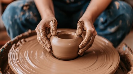 Fototapeta premium Hands of a potter shaping a clay bowl on a pottery wheel in an artisan studio, showcasing the beauty of craftsmanship and creativity with earthy textures