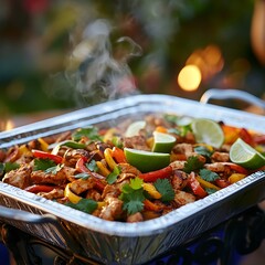 Sizzling Mexican Fajitas Served in Aluminum Tray with Fresh Ingredients