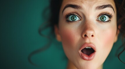 Woman expresses surprise with wide eyes and open mouth against a dark background