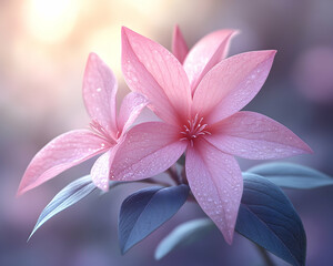 Fototapeta premium Two pink flowers with dew drops, soft light background.