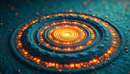  Vibrant blue and orange concentric circles on a rich teal background, creating a hypnotic optical illusion.Abstract background.