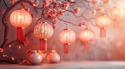 Fototapeta premium A festive Chinese New Year celebration with lanterns, on a soft pastel background.
