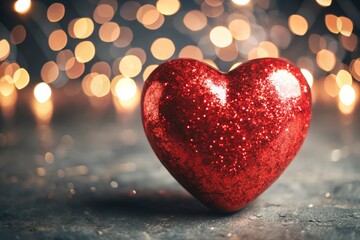 Fototapeta premium A banner for Valentine's Day. A red heart with festive lights on the sides in the background. A mock-up of an invitation card for a Valentine's Day party, a place to copy.