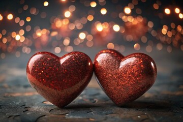 Fototapeta premium A banner for Valentine's Day. A red heart with festive lights on the sides in the background. A mock-up of an invitation card for a Valentine's Day party, a place to copy.