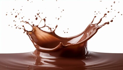 Chocolate liquid splash with flying drops, isolated on white, perfect for cocoa beverage marketing and dessert promotions
