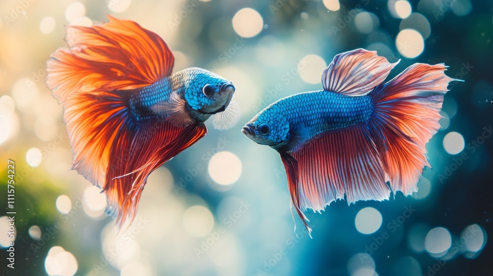 Poster Two stunning betta fish glide gracefully in vibrant colors, their fins flowing elegantly as they interact amidst a backdrop of shimmering bubbles and soft light