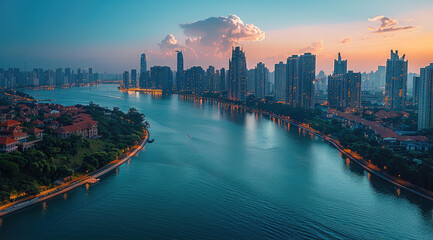 Naklejka premium A panoramic view of the city skyline at night, showcasing its modern architecture and vibrant lights. Aerial high view.