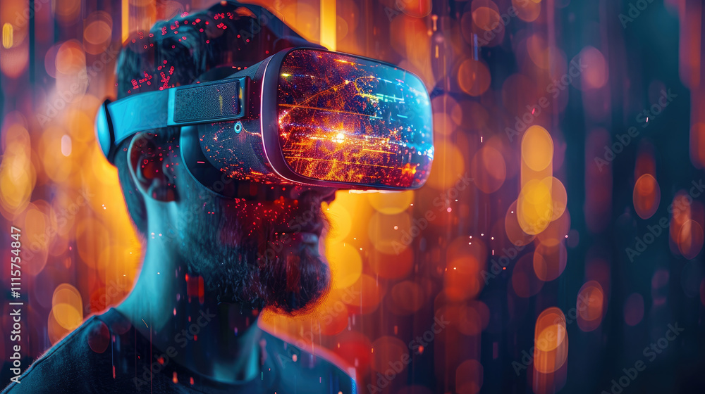 Poster a man wearing a virtual reality headset, immersed in a digital environment with colorful glitch effe
