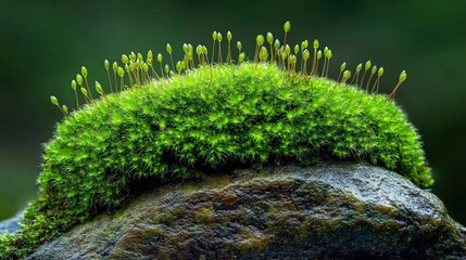Fototapeta premium Vibrant Green Moss Thriving Atop Dark Rock Surface