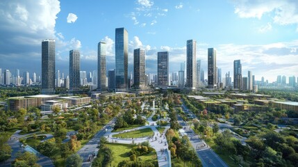 Obraz premium Modern city skyline with green spaces and parks.