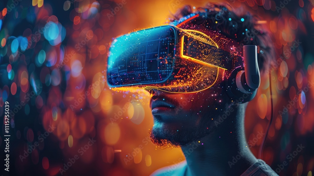Aufkleber a man wearing a virtual reality headset, immersed in a digital environment with colorful glitch effe