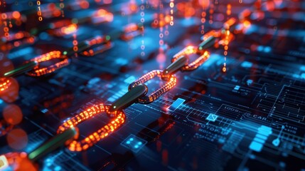 Digital representation of a blockchain network with glowing chains.