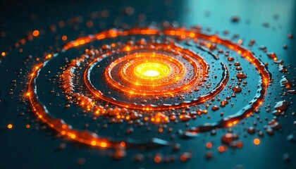  Vibrant blue and orange concentric circles on a rich teal background, creating a hypnotic optical illusion.Abstract background.