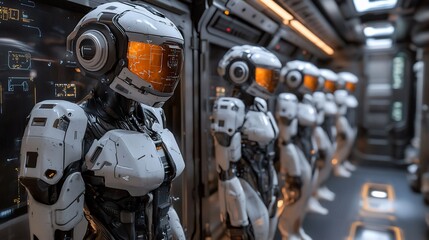 Fototapeta premium Futuristic robots in a row, standing in a spaceship corridor with screens and control panels.