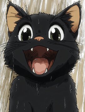 Brightly smiling black cat anime girl emote with expressive features and playful energy