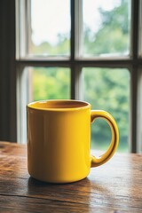 Fototapeta premium Yellow Coffee Mug on Rustic Table with Blurred Window and Green Garden View, Cozy Morning Concept