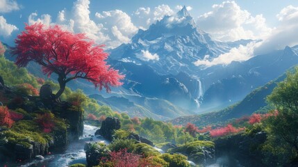 A beautiful mountain landscape with a red tree in the foreground