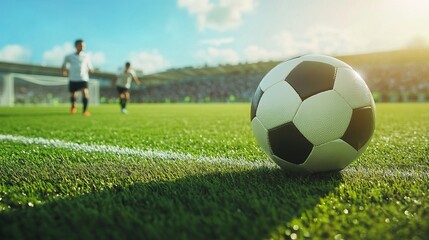 Fototapeta premium Kids soccer football - young children players match on soccer field. Banner