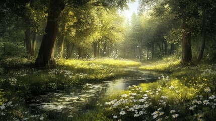 Obraz premium A serene forest scene with a gentle stream and blooming flowers.