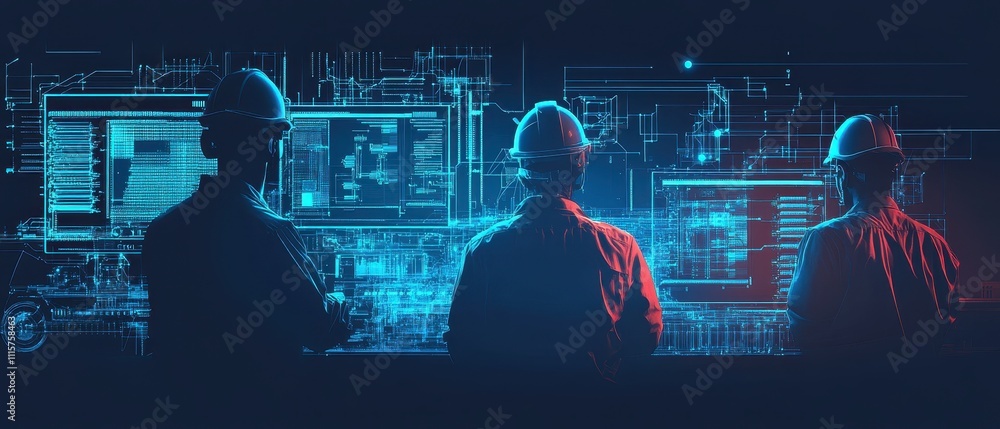 Poster silhouettes of engineers examining technical blueprints in a futuristic control room