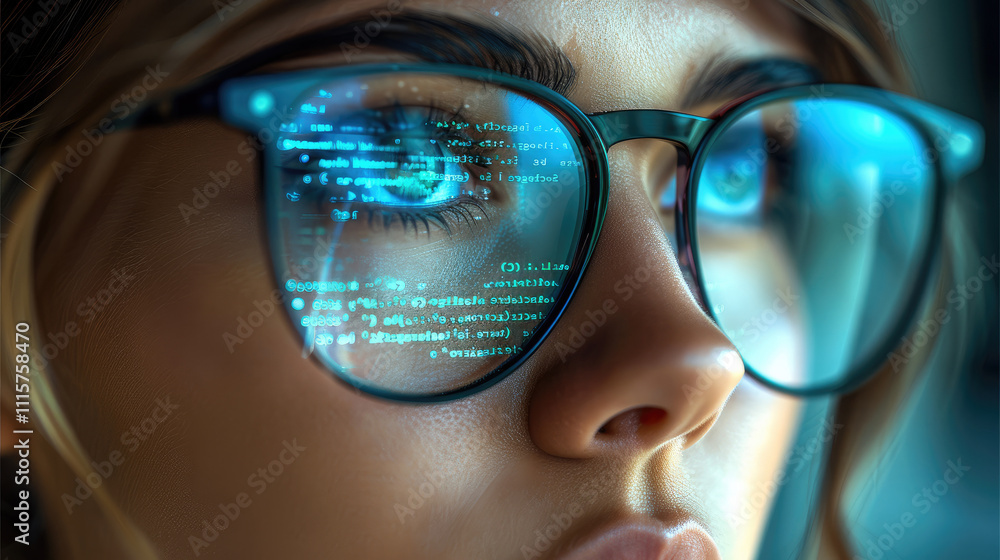 Poster a close-up of a women face wearing modern glasses, the reflection of a computer screen with glowing 