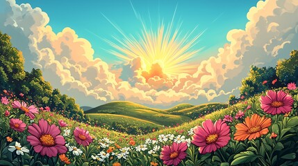 Naklejka premium Vibrant cartoon landscape with colorful flowers and rolling hills at sunrise