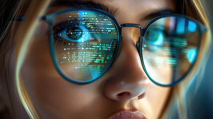 A close-up of a women face wearing modern glasses, the reflection of a computer screen with glowing blue-green code visible on the lenses, designed to represent technology and cybersecurity.