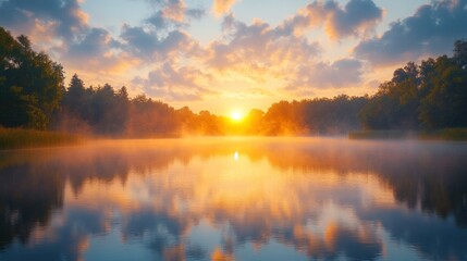 Obraz premium A scenic sunrise over a tranquil lake, with fog and trees reflected in the water.