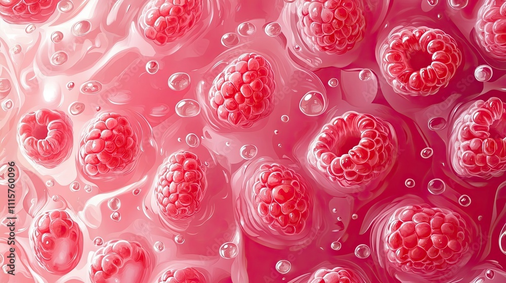 Poster raspberries floating in pink raspberry juice
