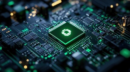 Obraz premium Green illuminated chip on a circuit board
