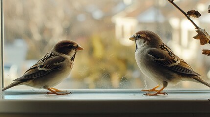 two house sparrows facing off on a windowsill, with one bird glaring at the other