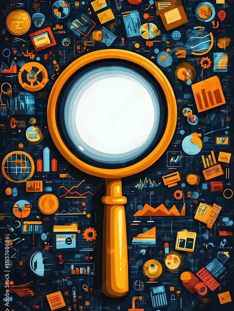Poster magnifying glass over data charts and graphs.